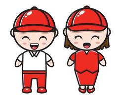 ilustração de casal bonito dos desenhos animados vestindo roupas casuais vermelhas vetor