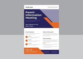 design de modelo de folheto de reunião de pais, modelo de folheto de apoio aos pais, grupo de apoio para folheto de pais, modelo de design de folheto de cartaz de reunião escolar. modelo a4. vetor