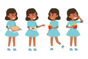 menina bonitinha comendo batatas fritas e ilustração vetorial plana de torta isolada em diferentes camadas. com arquivo vetorial editável vetor