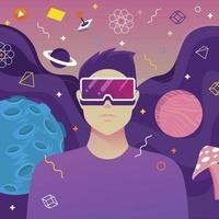 homem usando óculos de realidade aumentada no universo virtual vetor