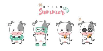 conjunto de verão bonito dos desenhos animados de vaca kawaii. vetor