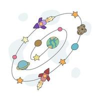 coleção de elementos vetoriais espaciais projetada em um estilo doodle em um fundo branco pode ser adaptada para uso em uma variedade de formatos, como impressão digital, arte para crianças, álbum de recortes, artesanato, jardim de infância vetor
