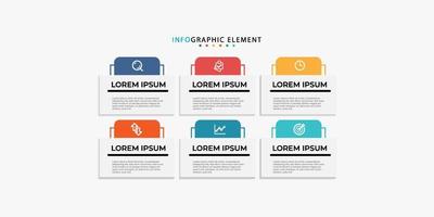 modelo de negócios de design infográfico vetor moderno com ícones e 6 opções ou etapas. pode ser usado para diagrama de processo, apresentações, layout de fluxo de trabalho, banner, fluxograma, gráfico de informações. eps10