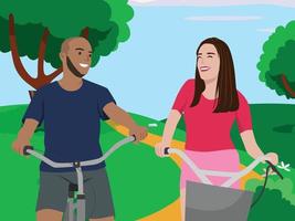 casal andando de bicicleta em uma bela ilustração plana de cena de parque verde vetor