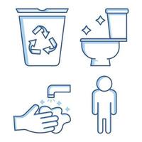 ícone de conjunto de banheiro. contém ícones como lixeira, vaso sanitário, lavar as mãos, pessoas. estilo de ícone de dois tons. design simples editável vetor