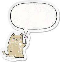 adesivo bonito gato de desenho animado e flor e bolha de fala angustiado vetor