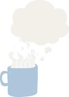xícara de café quente de desenho animado e balão de pensamento em estilo retrô vetor