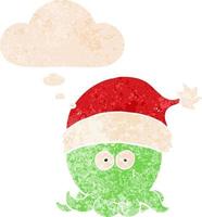 polvo de desenho animado usando chapéu de natal e balão de pensamento em estilo retrô texturizado vetor