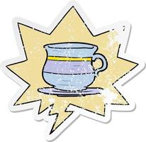 desenho animado xícara de chá velha e bolha de fala adesivo angustiado vetor