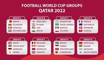 banyumas, indonésia - 15 de junho de 2022 copa do mundo da fifa. copa do mundo 2022. modelo de calendário de jogos. tabela de resultados de futebol, bandeiras de países do mundo. ilustração vetorial vetor
