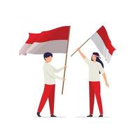 homem e mulher segurando uma bandeira da indonésia ilustração vetorial vetor