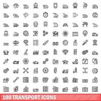 conjunto de 100 ícones de transporte, estilo de estrutura de tópicos
