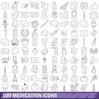 conjunto de 100 ícones de medicamentos, estilo de estrutura de tópicos vetor