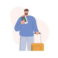 turista de homem segurando passaporte, passagem e bagagem. conceito de férias vetor