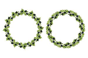 grinalda azeitonas pretas mão desenhada doodle moldura redonda com folhas de ramos e bagas verdes. vetor