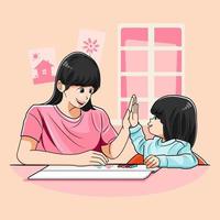 mãe e filha estão dando mais cinco enquanto estão fazendo lição de casa ilustração vetorial pro download vetor