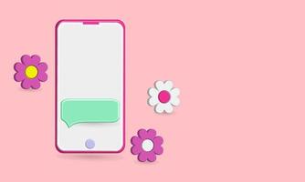 ícone de smartphone 3d e decoração de flores com cores rosa, roxas e brancas vetor