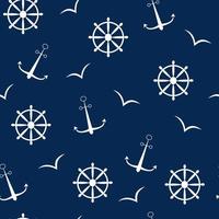padrão de vetor sem costura de ícones de elementos marinhos âncora gaivota de volante. desenhos de linha branca de um fundo azul escuro
