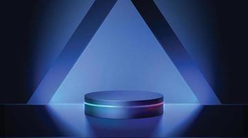 palco cibernético futurista com pódio de néon azul 3d brilhando para apresentação de exibição de produtos na escuridão