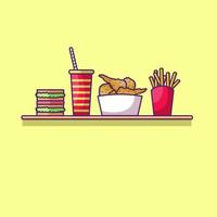 ilustração vetorial de ícone de junk food, com bebida e batatas fritas, arroz e frango e sanduíche vetor