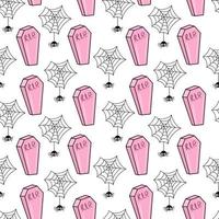 padrão sem emenda para o halloween. fundo bonito com caixões cor de rosa e aranhas. vetor