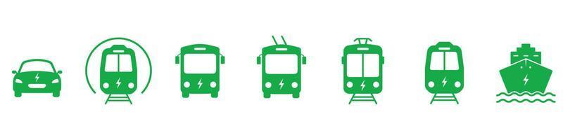 conjunto de ícones verdes da silhueta do veículo eco elétrico. ecologia alternativa eletro híbrido pictograma de transporte público. ônibus elétrico, carro, navio, bonde, metrô, ícone de trem. ilustração vetorial isolado. vetor