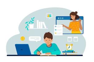 aluno, aluno em processo de aprendizagem, educação online, educação em casa. os alunos sentam-se à mesa e estudam, fazem os trabalhos de casa e lêem um livro, preparam-se para o exame. vetor