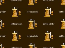 moedor de café sem costura padrão de personagem de desenho animado sobre fundo marrom. estilo de pixel vetor