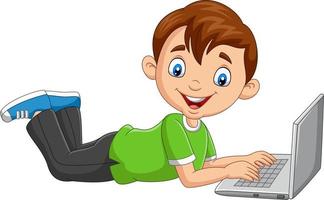 menino dos desenhos animados operando laptop deitado no chão vetor