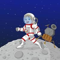 astronauta de menino de desenho animado andando na lua vetor