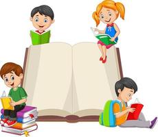 grupo de crianças lendo livros vetor