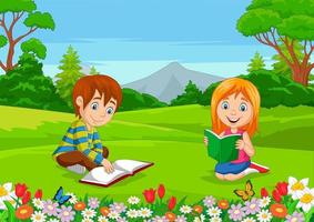 desenho animado menino e menina lendo livros no parque vetor