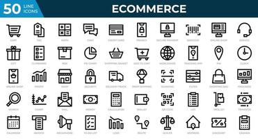 conjunto de 50 ícones da web de comércio eletrônico em estilo de linha. cartão de crédito, lucro, fatura. coleção de ícones de contorno. ilustração vetorial vetor