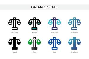 ícone de balança de equilíbrio em estilo diferente. ícones vetoriais de escala de equilíbrio projetados em estilo de contorno, sólido, colorido, preenchido, gradiente e plano. símbolo, ilustração do logotipo. ilustração vetorial vetor