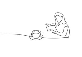 uma única linha contínua de menina lendo livro bebendo café vetor