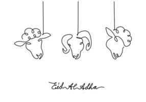 uma única linha contínua de eid al adha com três cabeças de ovelha cabra vetor