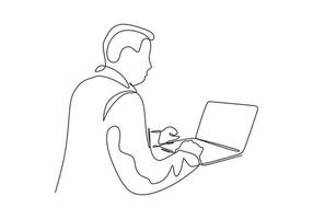 desenho de uma linha contínua do homem trabalhando no laptop. pessoa vetorial fazendo seu trabalho com gadget vetor