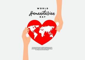 dia mundial humanitário com mão segure o mapa do mundo no símbolo do amor do coração vetor