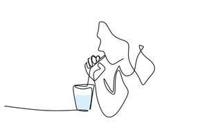 uma única linha contínua de garota bebendo copo de gelo e canudo. vetor
