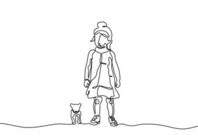 desenho de uma linha contínua de menina criança com gato. ilustração fofa vetor