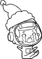 desenho de linha de um astronauta chorando usando chapéu de papai noel vetor