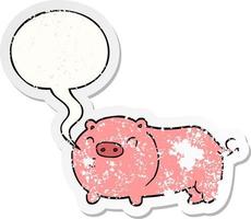 adesivo angustiado de porco de desenho animado e bolha de fala vetor
