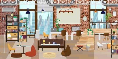 interior do espaço de coworking em estilo loft. escritório de espaço aberto com paredes de tijolos, tubulações, lâmpadas, pufes, plantas, janelas com paisagem urbana, sofá, tela de projetor, laptops, estantes. vetor plano.