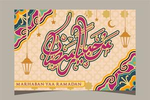 texto de caligrafia islâmica árabe marhaban ya ramadhan tradução olá ramadan, pode ser usado para modelos de banner de evento islâmico sharia ou ramadan vetor