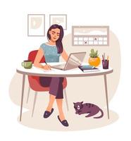 conceito de escritório em casa. mulher trabalhando em casa, estudante ou freelancer. ilustração vetorial vetor