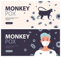 Banner do vírus monkeypox para conscientização e alerta contra propagação de doenças, sintomas ou precauções. vírus da varíola de macaco. ilustração vetorial plana. vetor