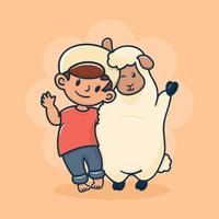 ilustração de lindo garoto muçulmano levantando a mão com uma ovelha fofa vetor