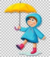 um menino de capa de chuva azul com fundo de grade de guarda-chuva