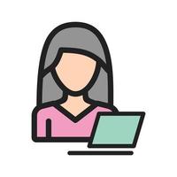 mulher usando o ícone de linha cheia de laptop vetor