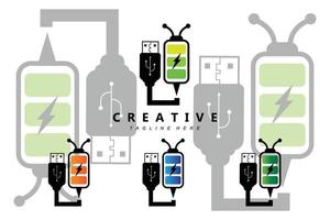 design de pacote de conjunto de logotipo de bateria, ilustração de carregamento, ícone de vetor de marca de produto